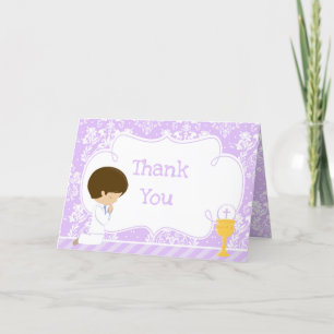 Brunette Boy First Communion Damask 'Thank You' Thank You Card
