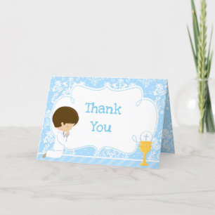 Brunette Boy First Communion Damask  'Thank You' Thank You Card