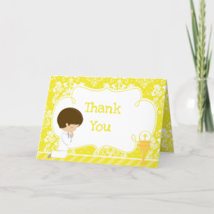 Brunette Boy First Communion Damask 'Thank You' Thank You Card