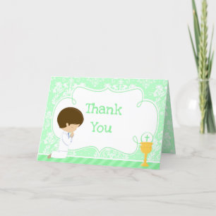 Brunette Boy First Communion Damask  'Thank You' Thank You Card