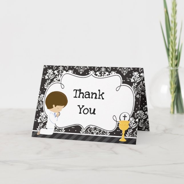 Brunette Boy First Communion  'Thank You' Thank You Card (Front)