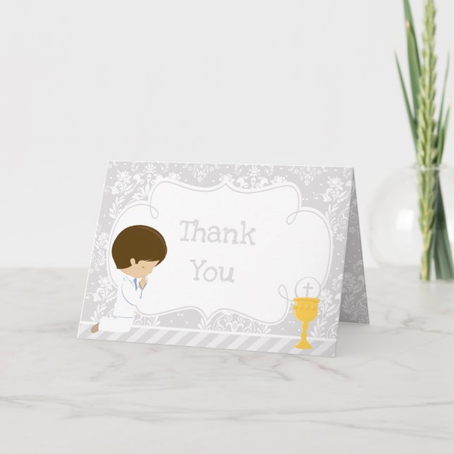 Brunette Boy First Communion  'Thank You' Thank You Card (Front)