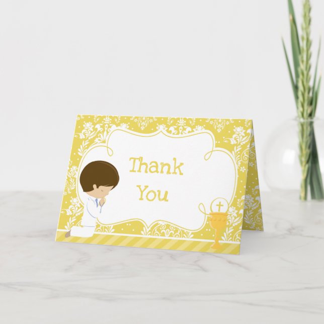Brunette Boy First Communion  'Thank You' Thank You Card (Front)
