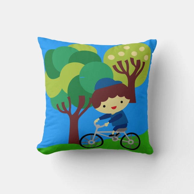 Brunette Boy on Bicycle Pillow (Front)