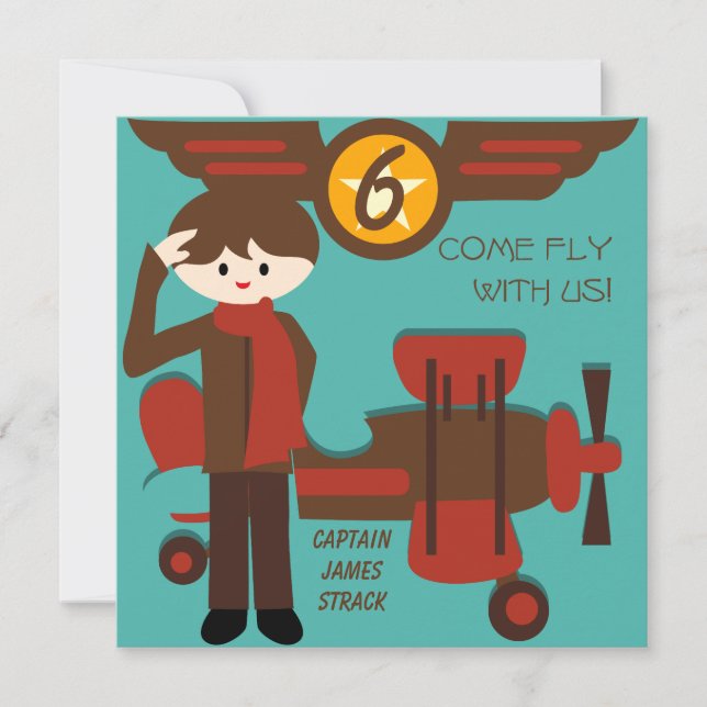 Brunette Boy Pilot Birthday Invitations (Front)