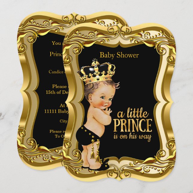 Brunette Boy Prince Baby Shower Black Gold Invitation (Front/Back)