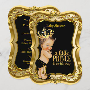Brunette Boy Prince Baby Shower Black Gold Invitation