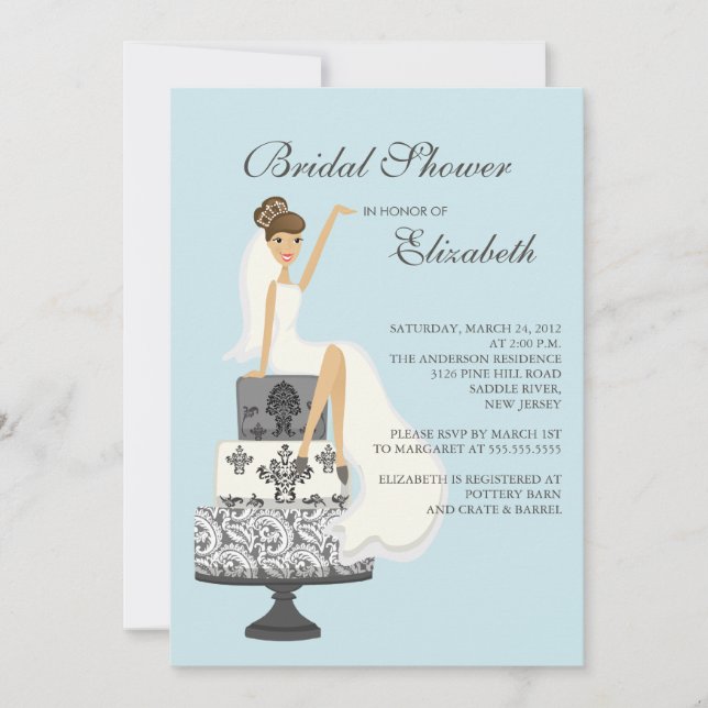 Brunette Bride Bridal Shower Invitation Blue Grey (Front)
