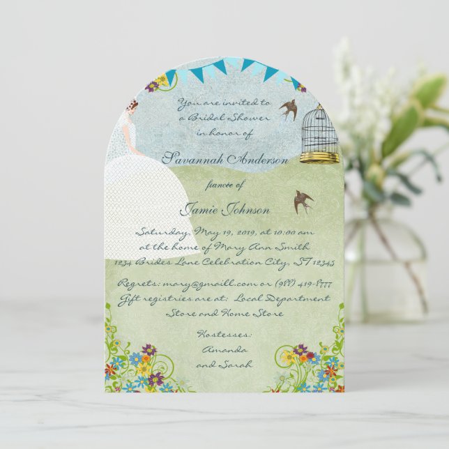 Brunette Bride Bunting Bridal Shower Invitations (Standing Front)