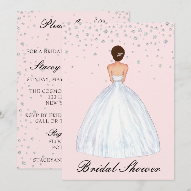 Brunette Bride Illustration Diamond Bridal Shower Invitation (Front/Back)