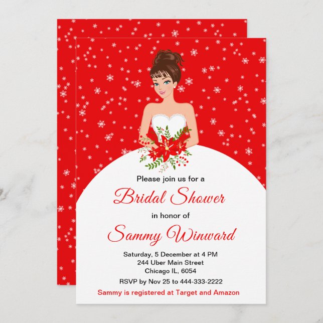 Brunette Bride Snowflake Red Bridal Shower Invitation (Front/Back)