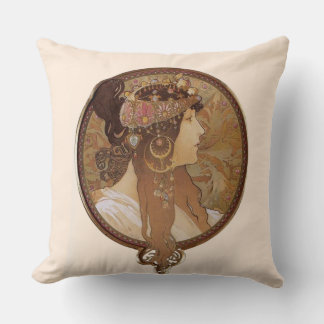 Brunette by Alphonse Mucha Cushion