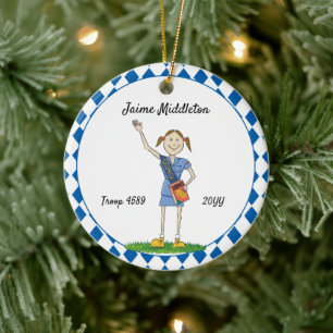 Brunette Cadette Girl Scouting Blue Diamond Shape Ceramic Tree Decoration