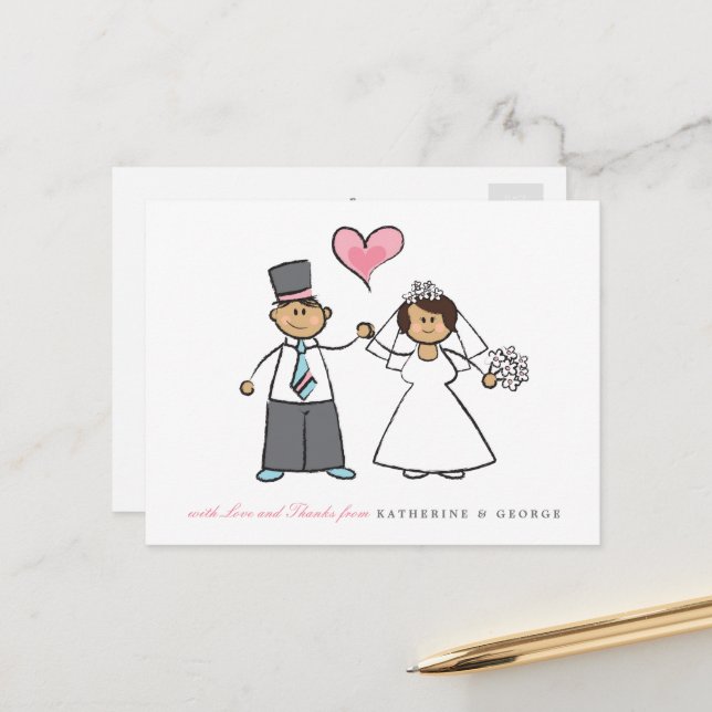Brunette Cartoon Couple Mr & Mrs Wedding Thank You Postcard (Front/Back In Situ)