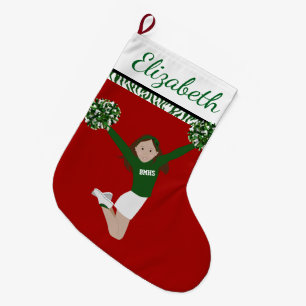 Brunette Cheerleader In Green And White Large Christmas Stocking