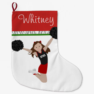 Brunette Cheerleader in Red and Black  Large Christmas Stocking