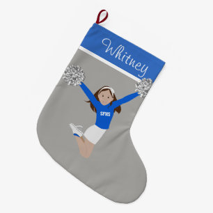 Brunette Cheerleader in White & Blue Large Christmas Stocking