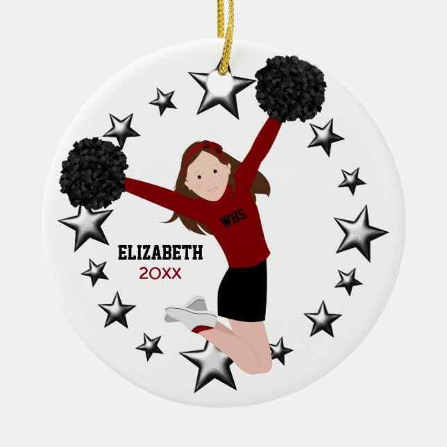 Brunette Cheerleader Pom Poms In Red & Black Ceramic Tree Decoration (Front)