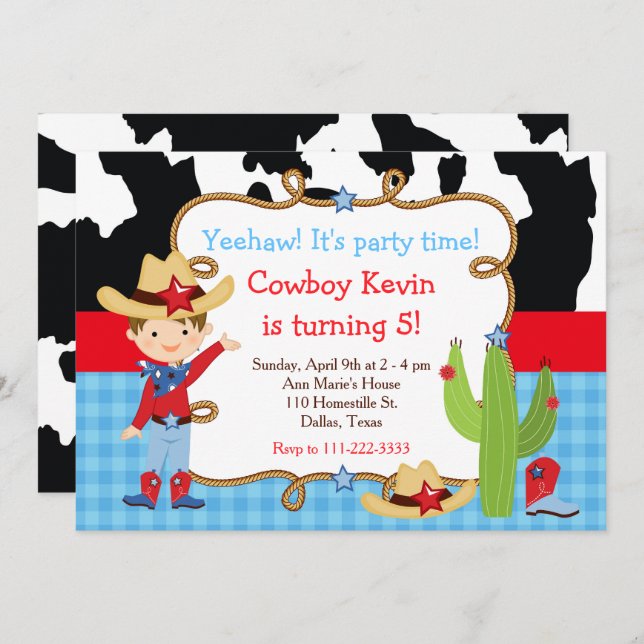Brunette Cowboy Western Birthday Party Invitation (Front/Back)