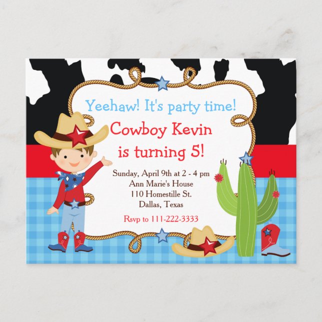 Brunette Cowboy Western Birthday Party Postcard (Front)