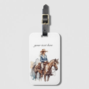 brunette cowgirl riding a horse, customizzable luggage tag
