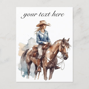 brunette cowgirl riding a horse in watercolor postcard