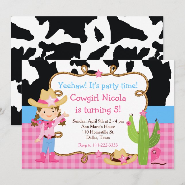 Brunette Cowgirl Western Birthday Party Invitation (Front/Back)