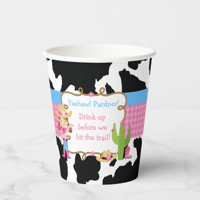 Brunette Cowgirl Western Birthday Party Paper Cups (Front)