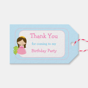 Brunette Cute Princess and Dragon Birthday Party Gift Tags