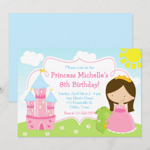 Brunette Cute Princess and Dragon Birthday Party Invitation