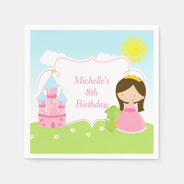 Brunette Cute Princess and Dragon Birthday Party Napkin (Front)