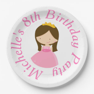 Brunette Cute Princess and Dragon Birthday Party Paper Plate