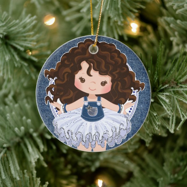 Brunette Cutie Denim & Diamonds Christmas Ceramic Tree Decoration (Tree)