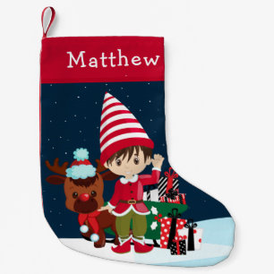 Brunette Elf Boy with Rudolph Small Christmas Stocking