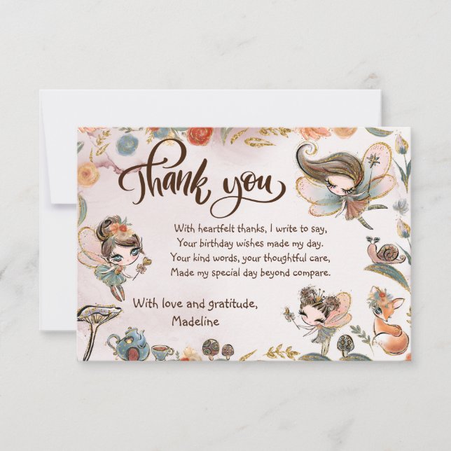 Brunette Fairy Birthday Enchanted Forest Thank You Card (Front)