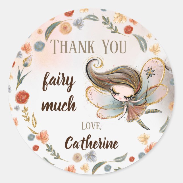 Brunette Fairy Girl Birthday Party Favour Gift  Classic Round Sticker (Front)