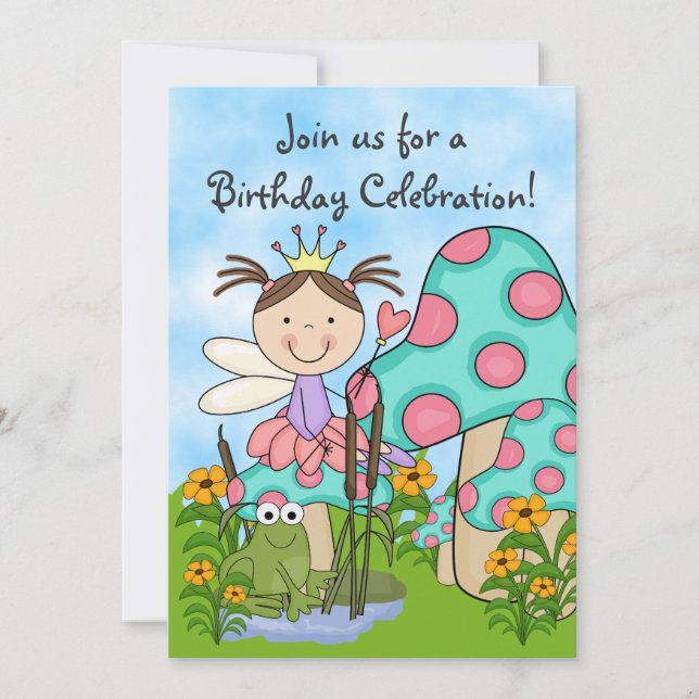 Brunette Fairy Princess and Frog Birthday Invite (Front)