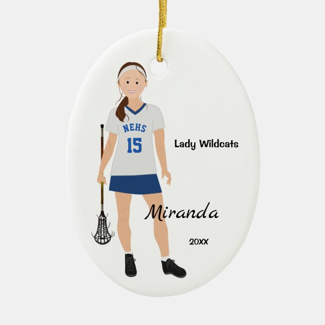 Brunette Female Lacrosse Player In Blue And White Ceramic Tree Decoration (Front)