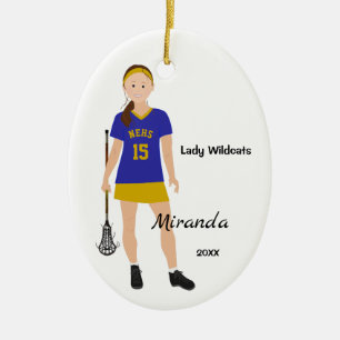 Brunette Female Lacrosse Player In Blue And Yellow Ceramic Tree Decoration