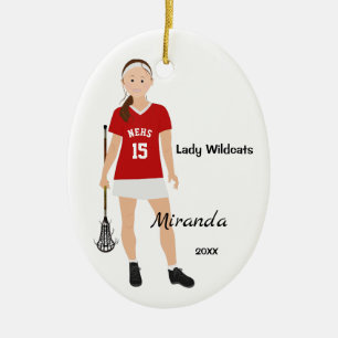 Brunette Female Lacrosse Player In Red And White Ceramic Tree Decoration