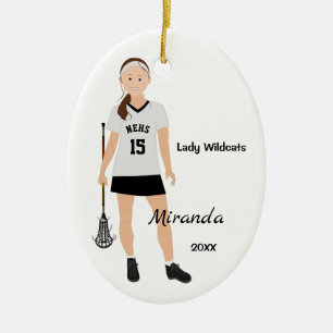 Brunette Female Lacrosse Player In White And Black Ceramic Tree Decoration