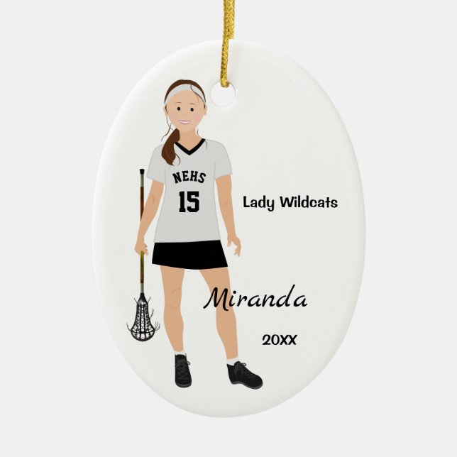 Brunette Female Lacrosse Player In White And Black Ceramic Tree Decoration (Front)
