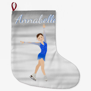 Brunette Figure Skater In Blue Large Christmas Stocking