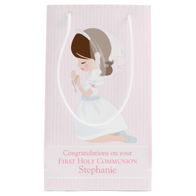 Brunette First Communion Girl Small Gift Bag (Front)