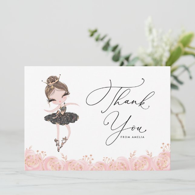 Brunette Girl Ballerina in Black Dress Birthday Thank You Card (Standing Front)