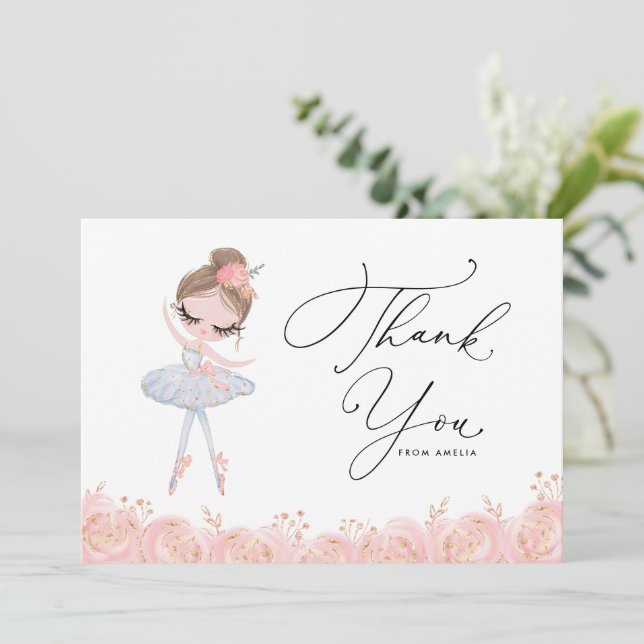 Brunette Girl Ballerina in White Dress Birthday Thank You Card (Standing Front)