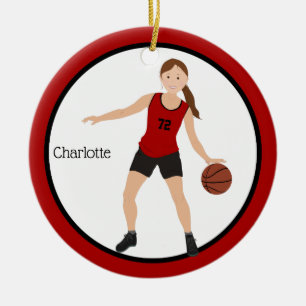 Brunette Girl Basketball Player In Red And Black Ceramic Tree Decoration