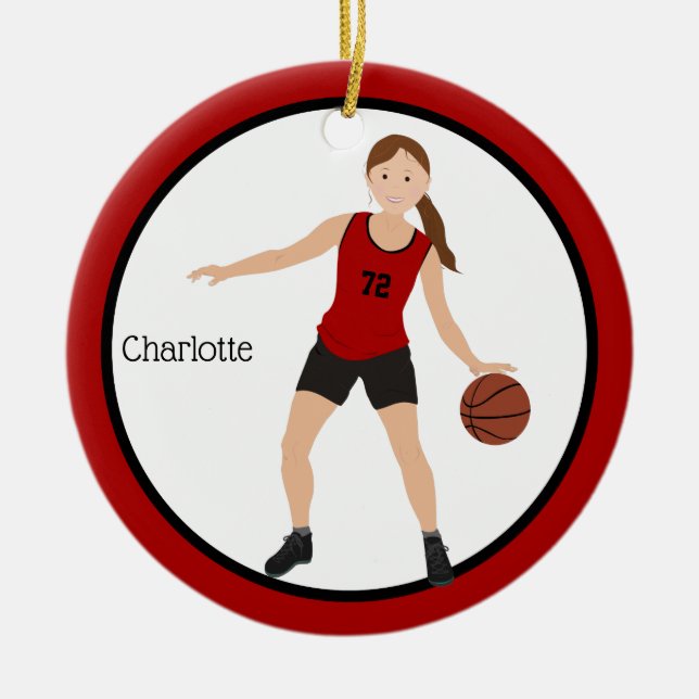 Brunette Girl Basketball Player In Red And Black Ceramic Tree Decoration (Front)