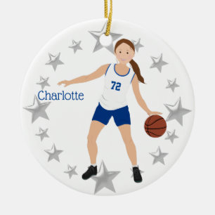Brunette Girl Basketball Player White & Blue Ceramic Tree Decoration
