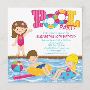 Brunette Girl Birthday Pool Party Invitation
